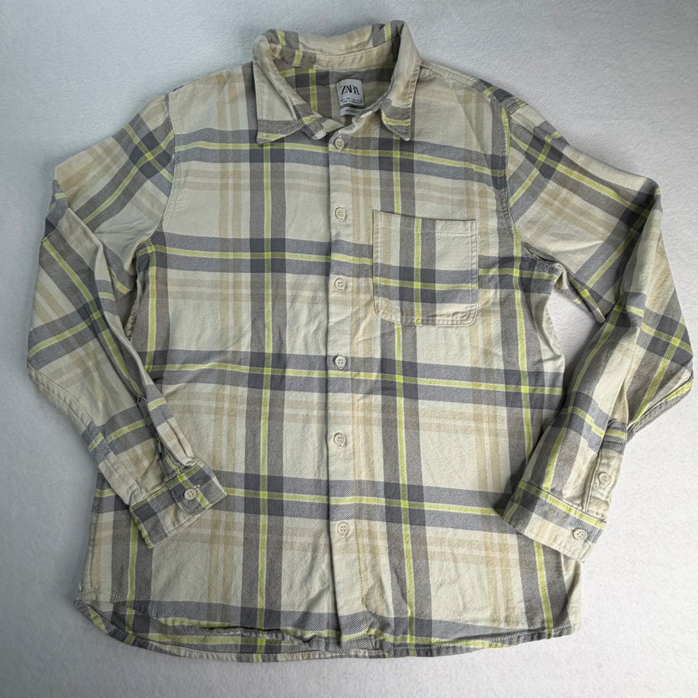 Zara Mens Relaxed Fit Plaid Flannel Shirt Cream Grey Neon Yellow Size Large